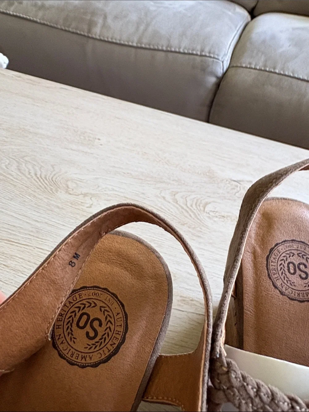 SO Authentic American Heritage Taupe Woven Cork Wedge Sandals Size 8M Boho